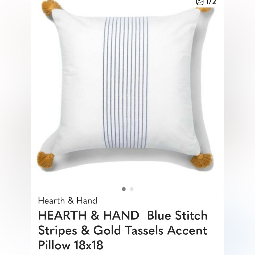 Hearth & Hand White Pillow with Blue Stitch Stripes and Gold Tassels